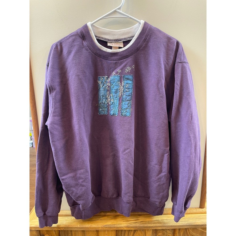 Top Stitch Morning Sun Sweatshirt Womens Large Purple Denim Floral Bead Pullover